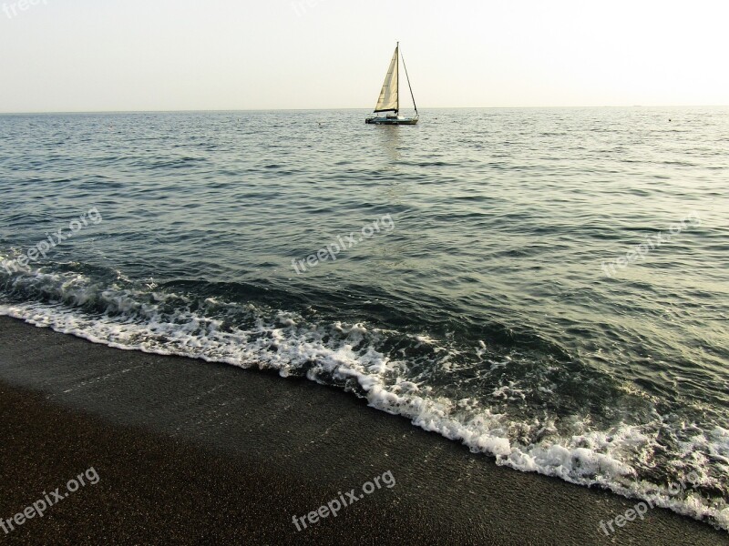 Beach Sea Sailing Boat Waves Sunset