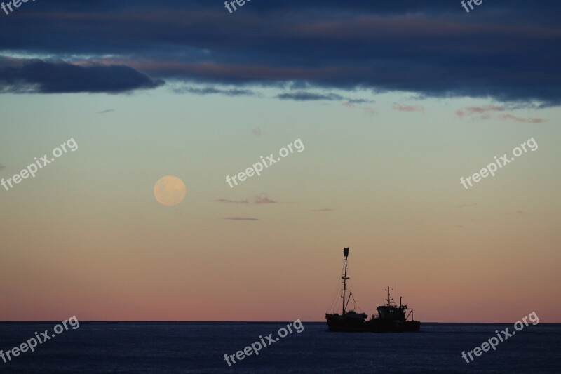 Dusk Ocean Boat Ship Moon