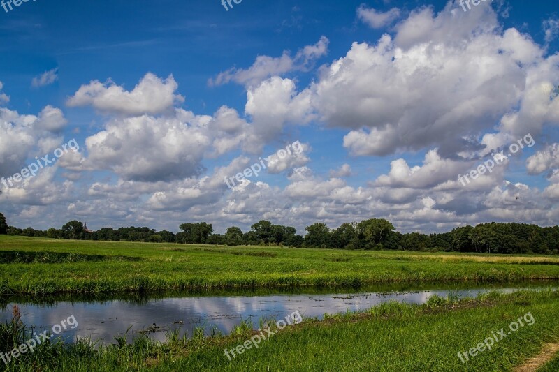 Sky Clouds River Grass Landscape