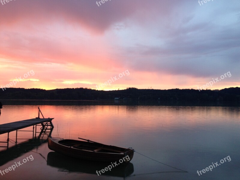 Sunset Abendstimmung Boat Water Reflection Romantic