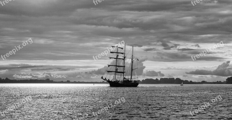 Sailing Vessel Clouds Black And White Lighting Port