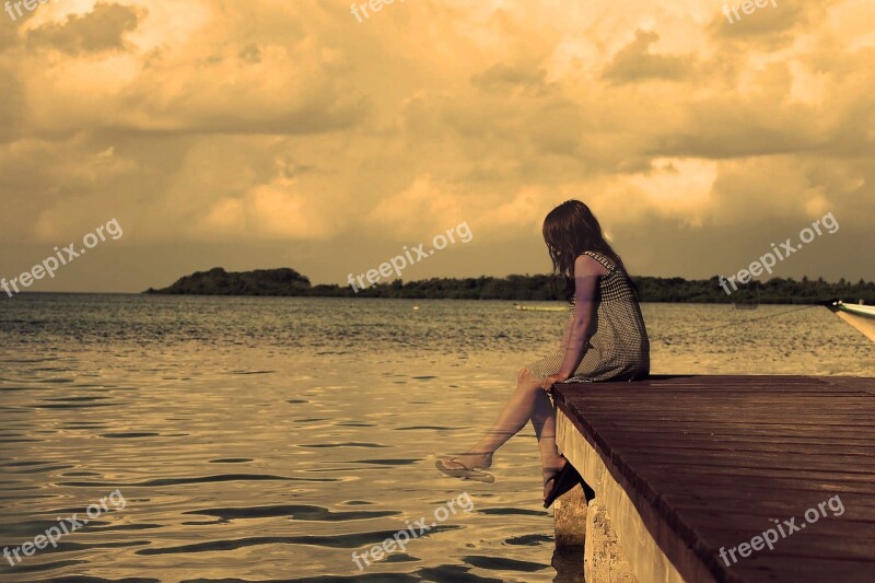 Lonely Girl Lake Sepia Alone