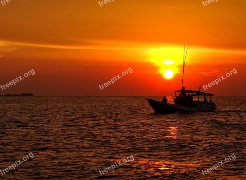 Sunset Boats Boat Horizon Waves