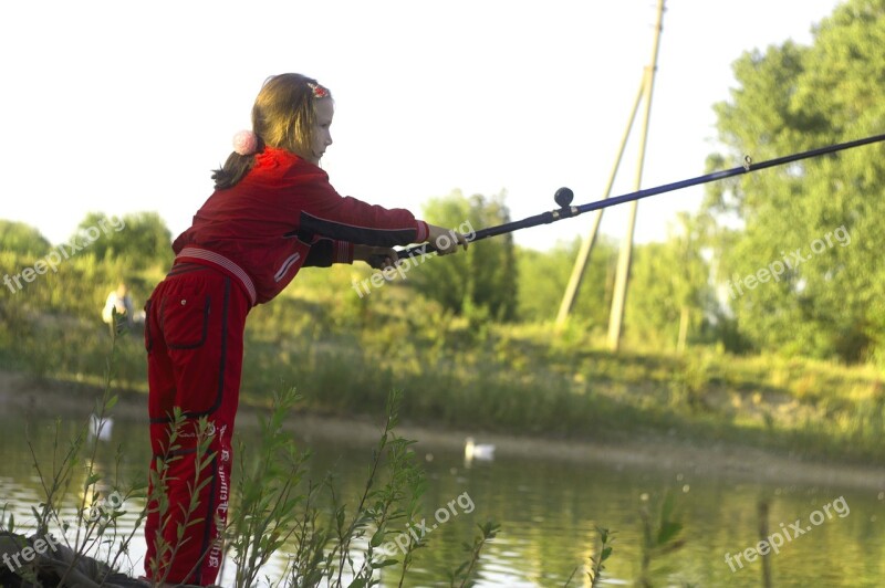 Fishing Girl Rod Nature Lake