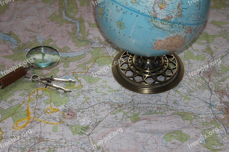 Map Globe Travel Compass Magnifying Glass