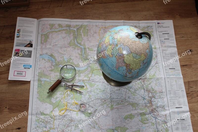 Map Globe Travel Compass Magnifying Glass