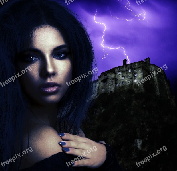 Woman Castle Cliff Lightning Night