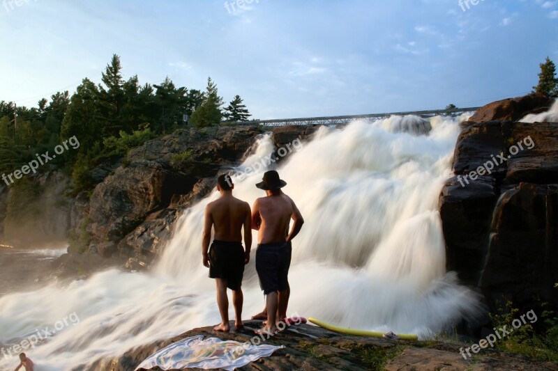 Waterfall Stream Men Vacation Enjoying