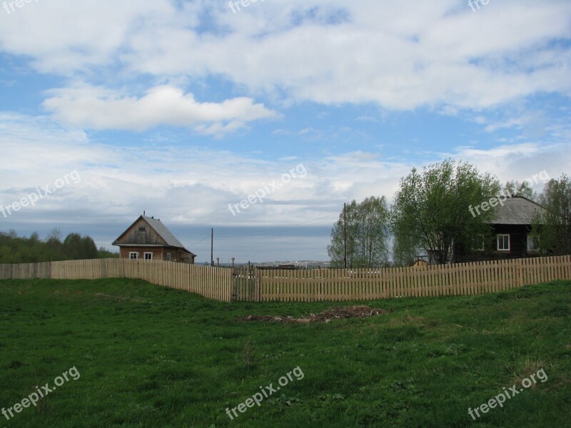 Village Sky Trees Russia Clouds