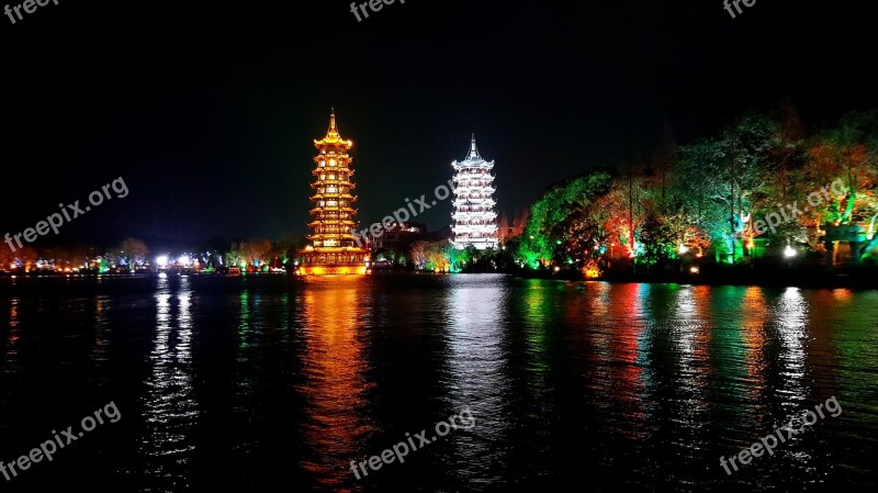 The Twin Towers Guilin Night View Free Photos