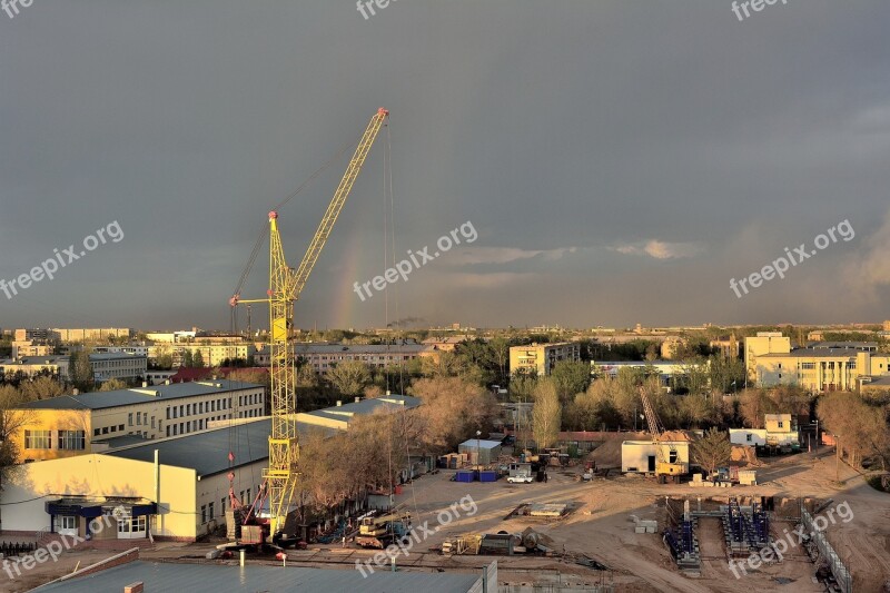 Construction Thunderstorm Construction Crane Rainbow Landscape