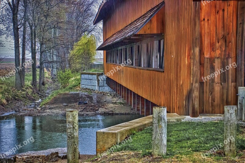 Covered Bridge Scenery Trees Artistic Art Print