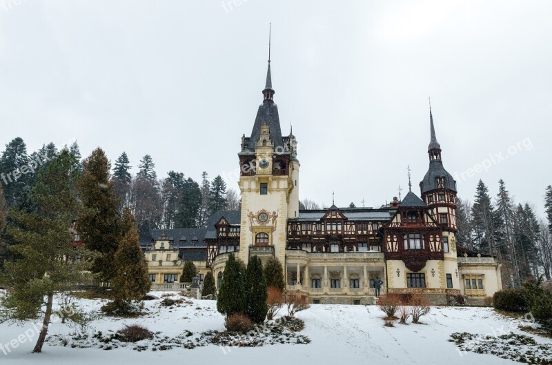 Peles Castle Winter Season Trees Free Photos