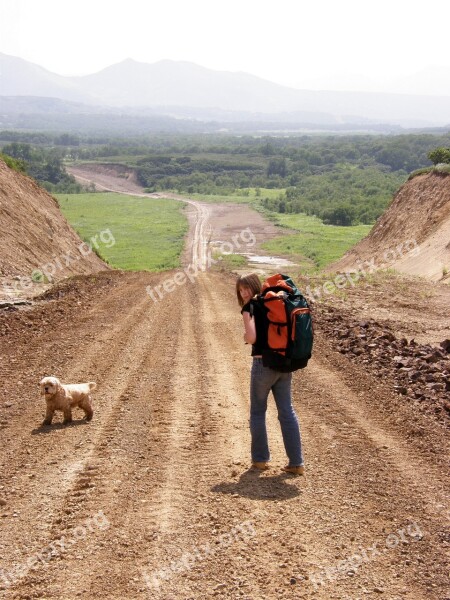 Camping Backpack Road Girl Dog