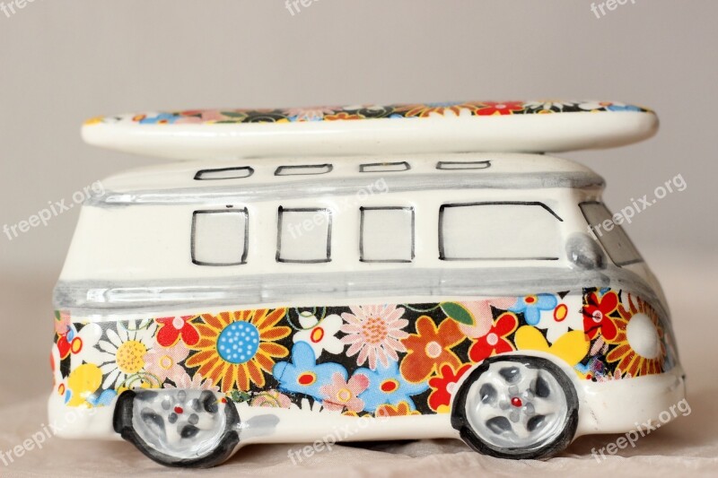 Vw Bus Deco Ceramic Flowers Painted