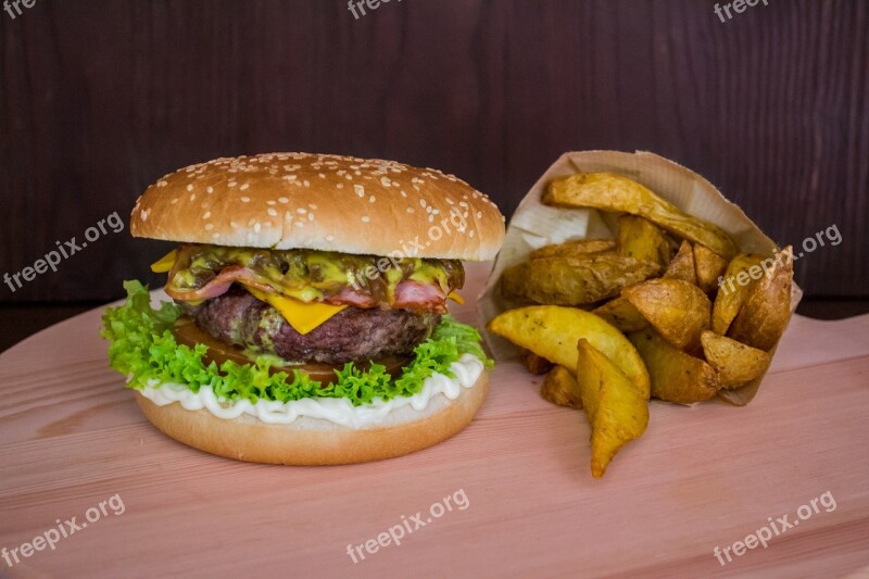 Burger Hamburger Wedges Fries Potatoes