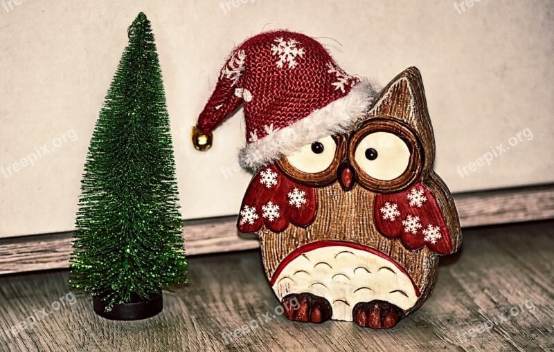 Owl Figure Wood Christmas Santa Hat