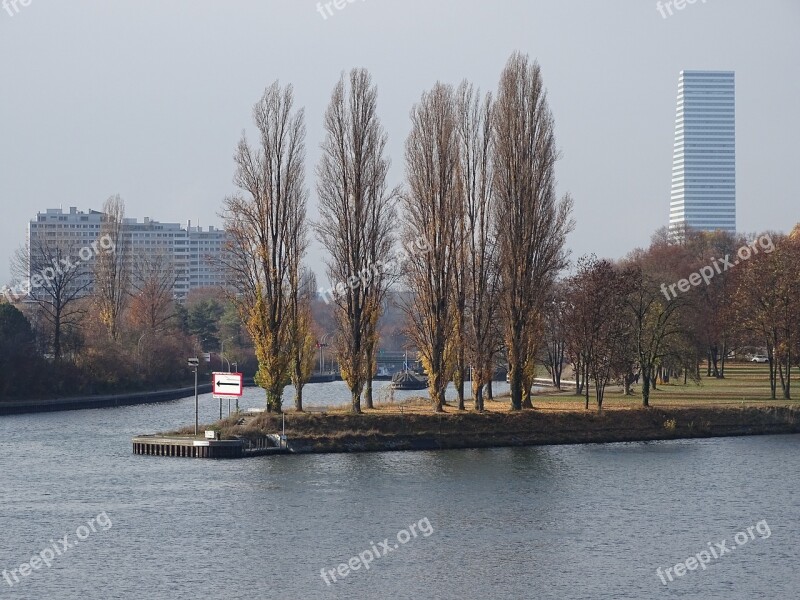 River Rhine Skyscraper Trees Island