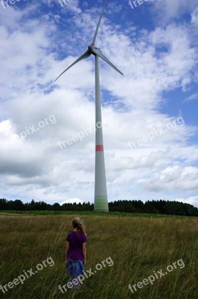 Girl Windmill Westerwald Nature Landscape