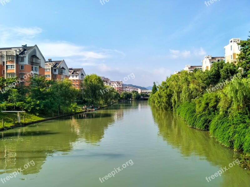 Summer Quaint River Town Scenery