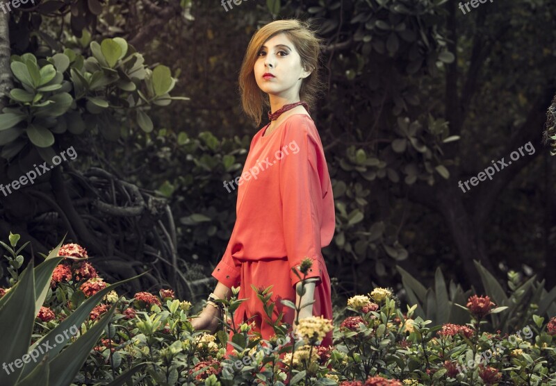 Lyzz Hana Woman In Garden Dress Red Flowers Woman Thinking