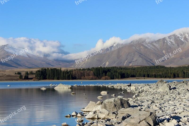 Lake Water Bank Mountains Forest