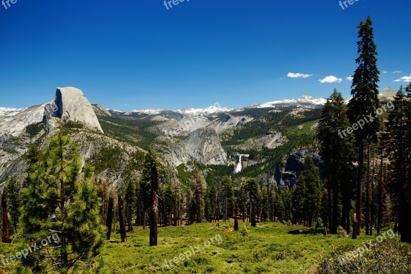 Yosemite Waterfall Landscape Mountains Green