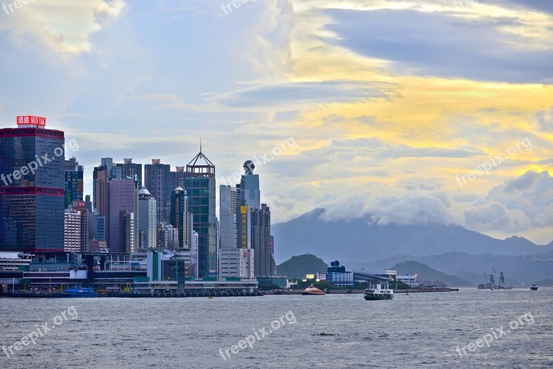 Hong Kong Skyline Water Clouds Sky