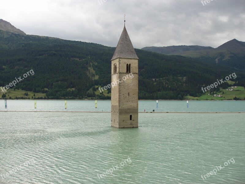 Reservoir Reschensee Steeple Graun's Flooded