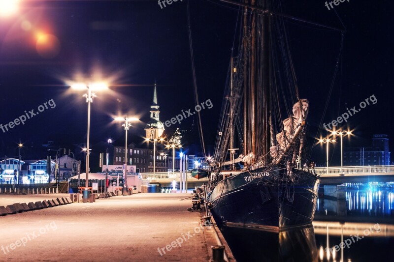 Sailing Vessel Night Port Ship Sea