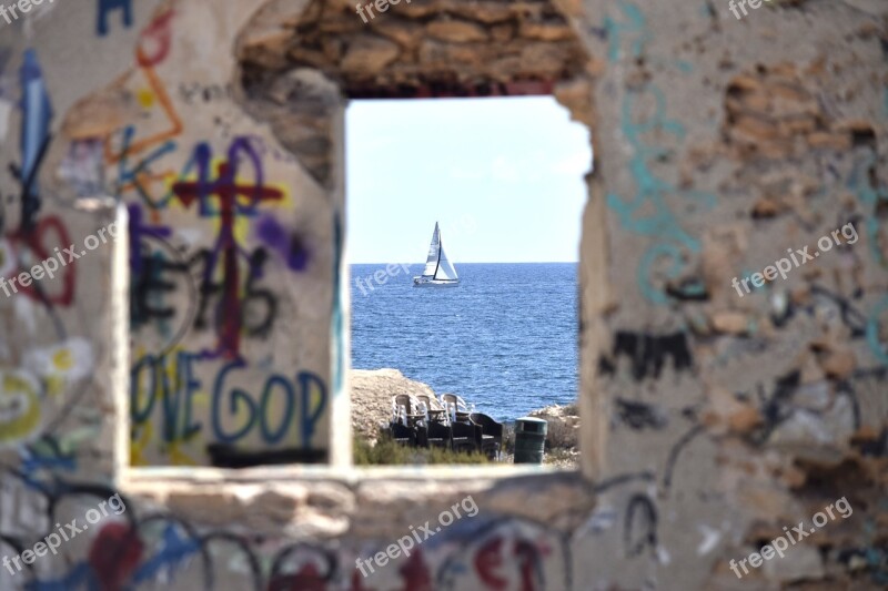 Sailboat Window Sea Wall Stone Facade