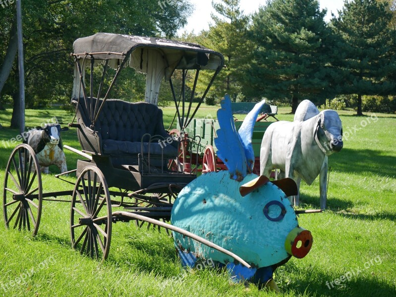 Metal Art Pig Oxen Wagon Metal