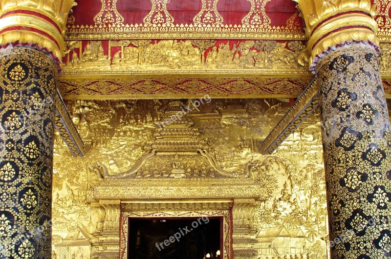 Laos Luang Prabang Temple Portal Columns