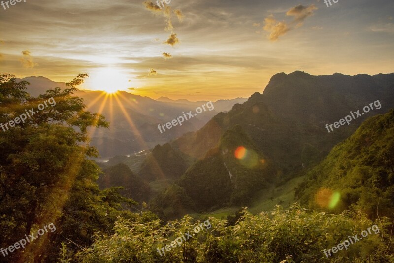 Sunset Mountain Forest Landscape Vietnam Free Photos