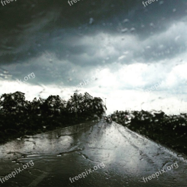 Rain Drops Road Wet Glass