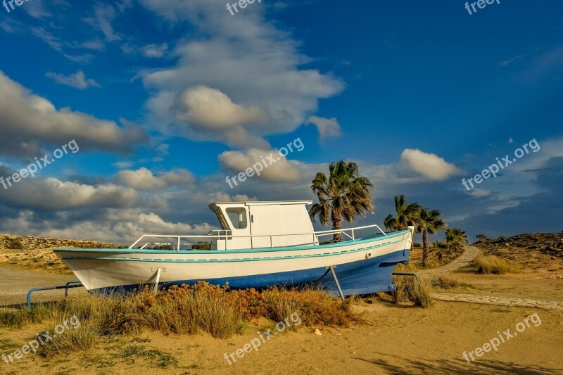 Boat Grounded Landscape Sky Clouds