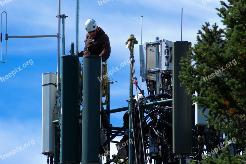 Working On Cell Tower Cellular Tower Workers Communication