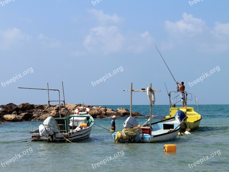 Sea Boats Fishermen Israel Mediterranean Sea