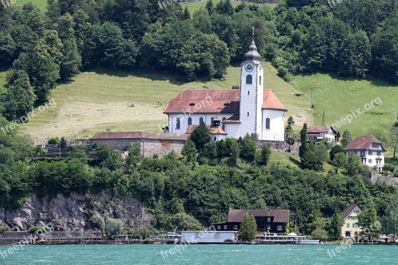 Church Flüelen Water Lake Bank