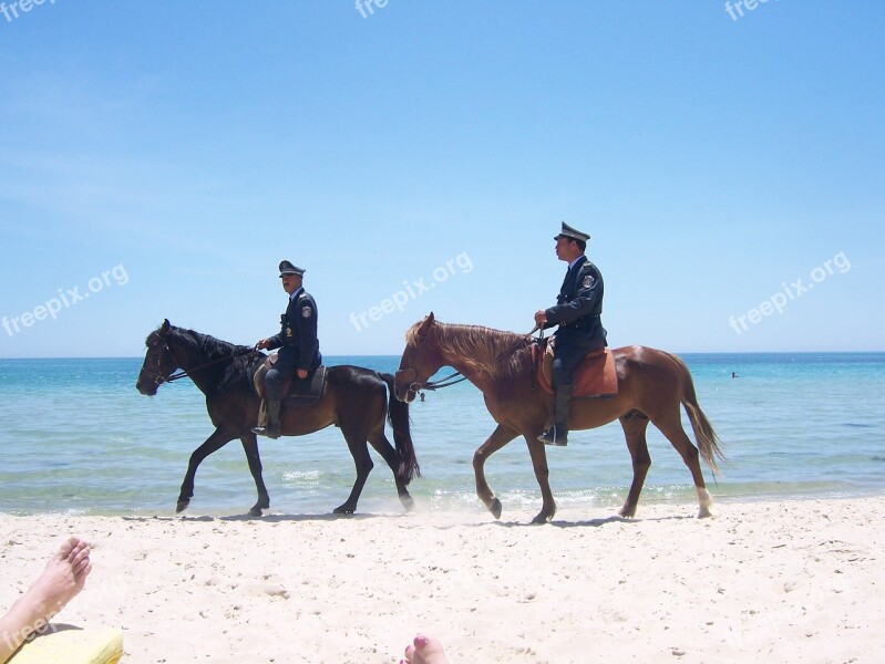 Horses Sand Mounted Police Police Ocean