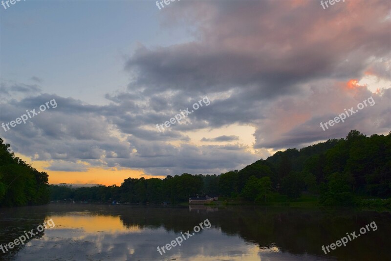 Lake Sky Water Sunset Clouds Nature