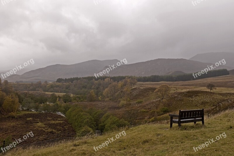 Scotland Scenery Bench Landscape Mountains