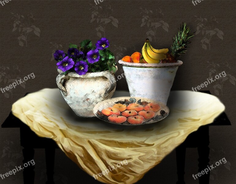 Image Still Life Table Fruit Ceramic Pots