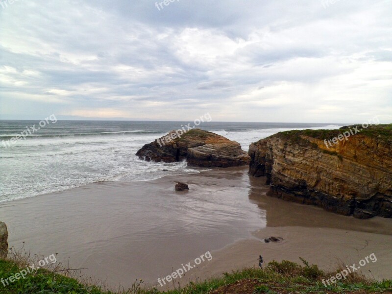 Panoramic Beach Of The Cathedrals Sea Rocks Galicia