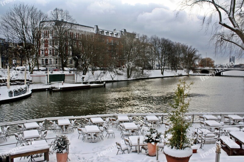 Street Cafe Alster Mill Pond Winter Snow