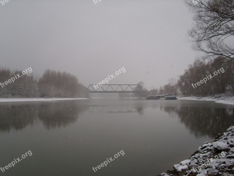 Bridge Winter Snow River Backwater