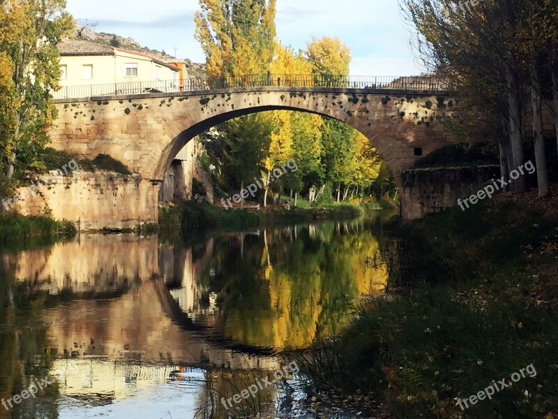 River Autumn Trillo Trees Bridge