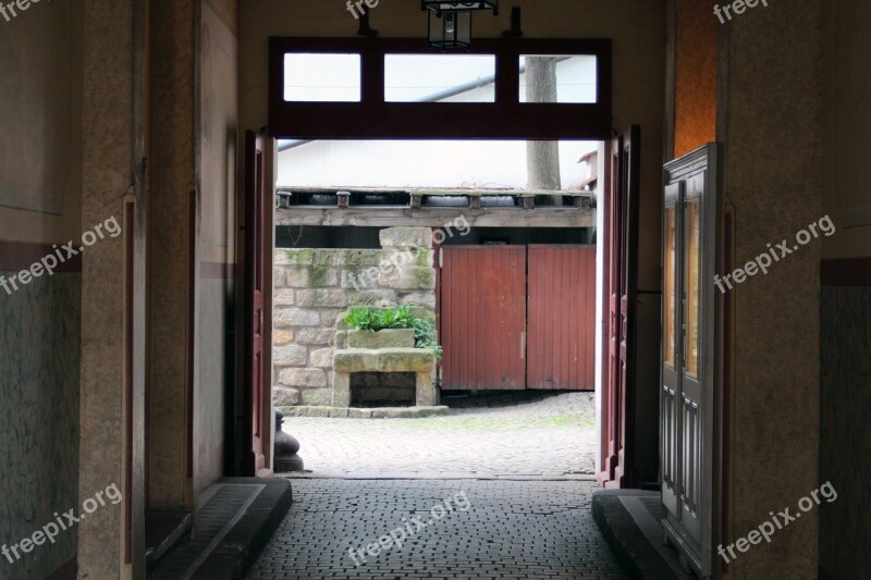 Backyard Driveway Stone Wall Wooden Gate