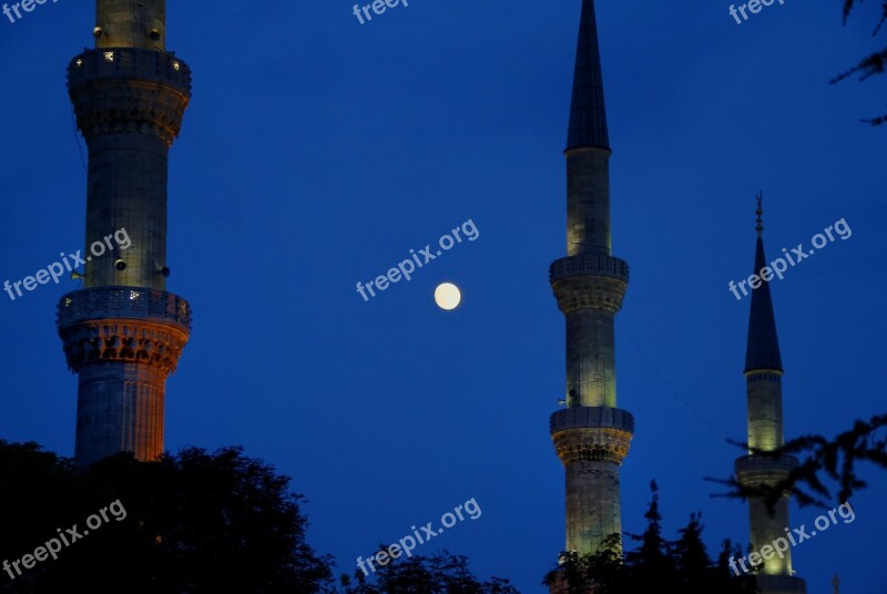 Minaret Istanbul Night Moonlight Sky