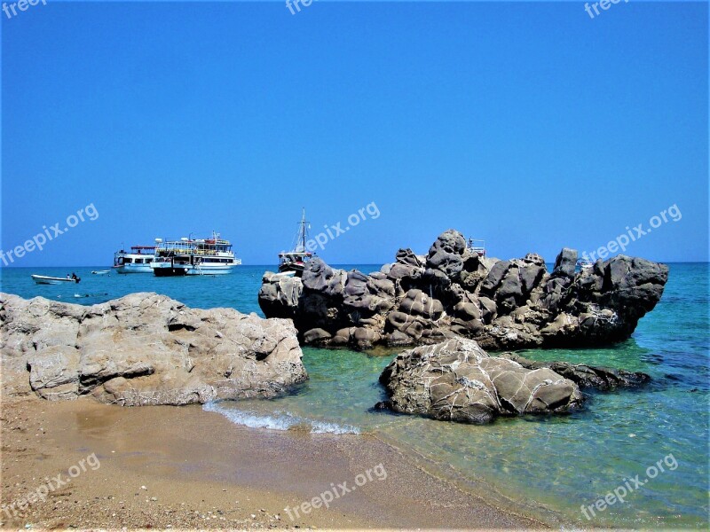 Rock Greece Rhodes Aegean Sea Ship